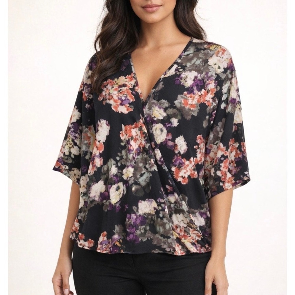Bobeau Floral Blouse Black and Purple Medium Faux Wrap